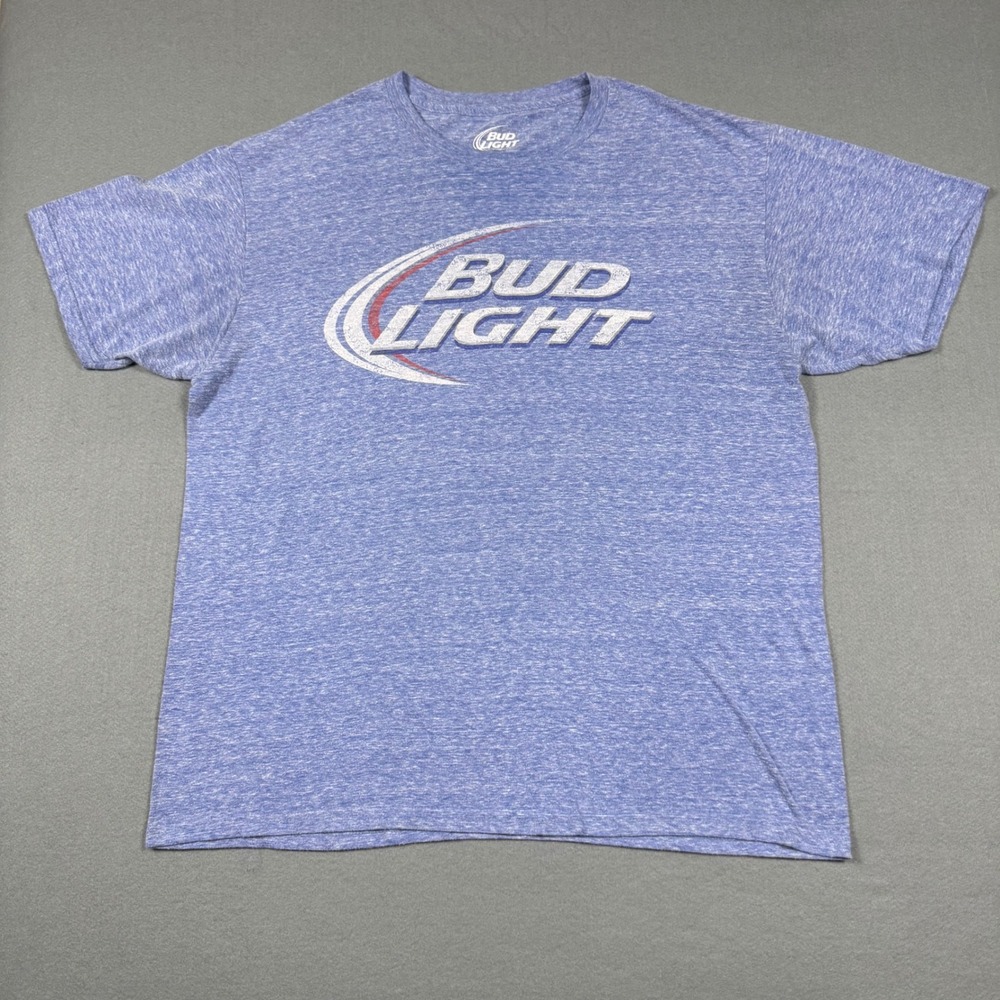 Bud Light Graphic T-Shirt Mens XL Blue Heather Short Sleeve Beer Promo Tee
